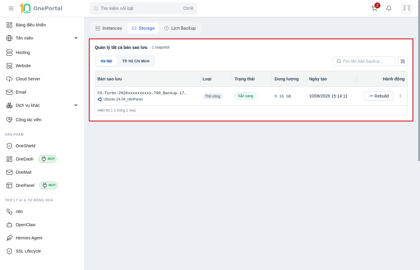 Thẻ Storage của Cloud Server, khoanh đỏ khối Quản lý tất cả bản sao lưu gồm bộ lọc theo vị trí, ô tìm và bảng snapshot của mọi máy chủ