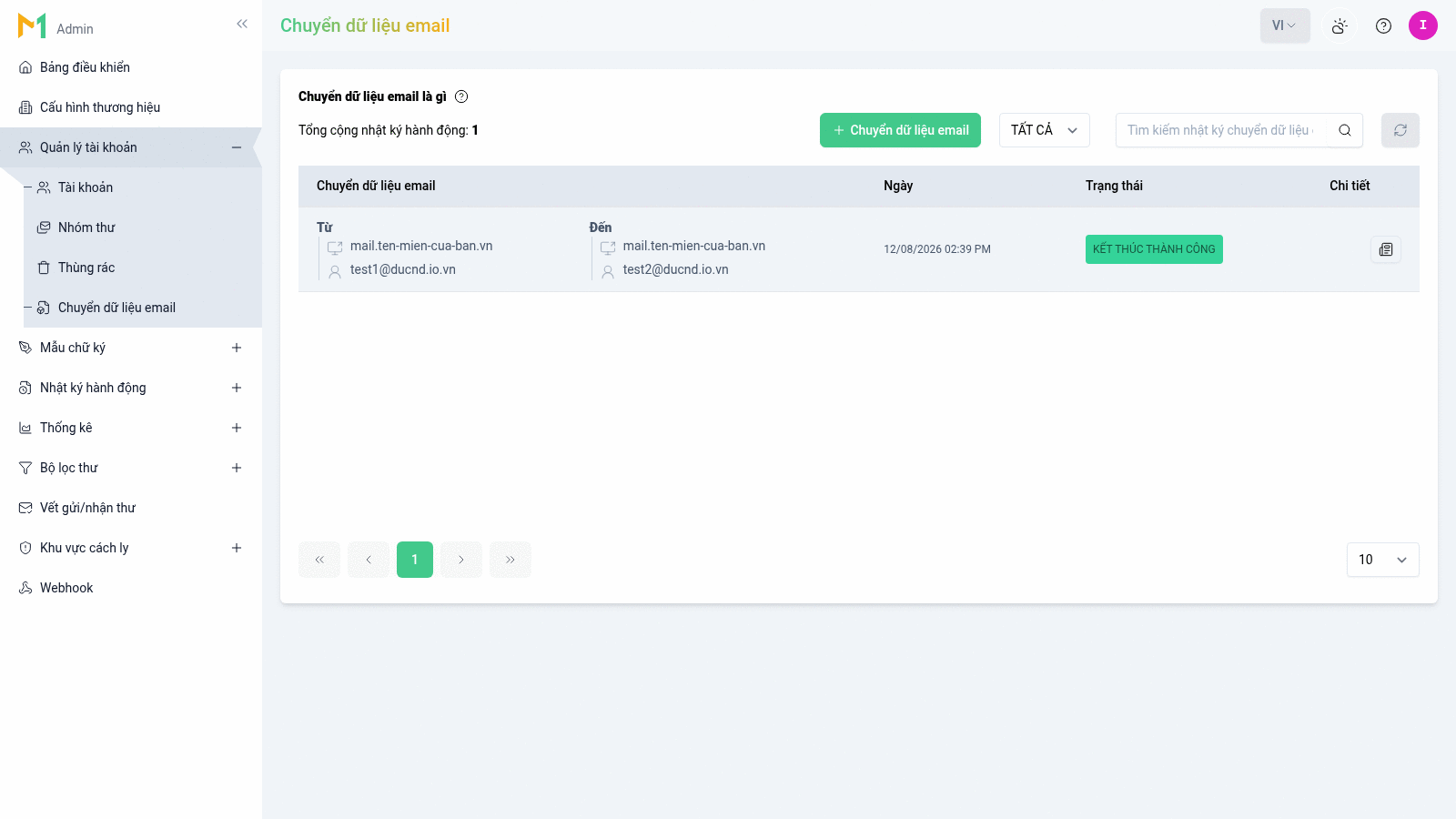 Trang Chuyển dữ liệu email: dòng tiêu đề "Chuyển dữ liệu email là gì" kèm icon trợ giúp và tổng số nhật ký hành động; phía trên bảng có nút Chuyển dữ liệu email, dropdown lọc trạng thái đặt ở TẤT CẢ, ô tìm kiếm nhật ký và nút tải lại; bảng 4 cột — cột đầu gộp thông tin hai phía với nhãn Từ và Đến, mỗi phía một dòng host và một dòng địa chỉ tài khoản kèm icon, rồi tới cột Ngày dạng ngày giờ, cột Trạng thái với nhãn xanh KẾT THÚC THÀNH CÔNG, và cột Chi tiết có nút mở log