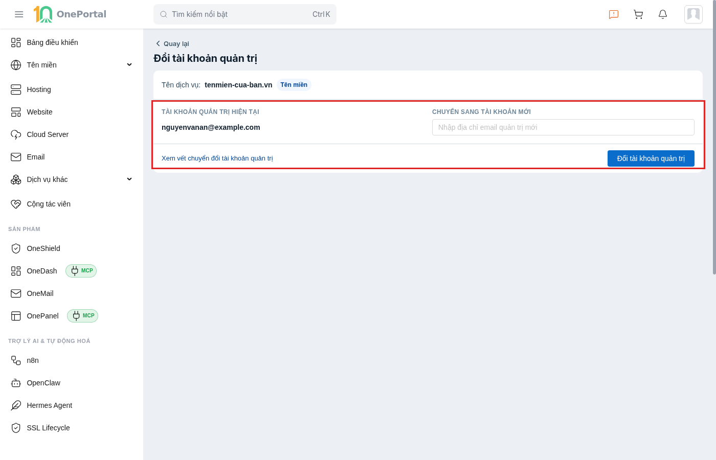 Trang Đổi tài khoản quản trị trên OnePortal, khoanh đỏ khu thao tác gồm tài khoản quản trị hiện tại, ô nhập email tài khoản mới và nút Đổi tài khoản quản trị