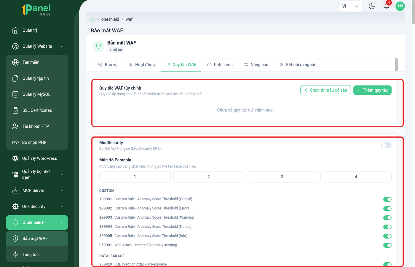 Tab Quy tắc WAF trên OneShield, khoanh đỏ khối Quy tắc WAF tùy chỉnh và danh sách luật OWASP CRS theo mã