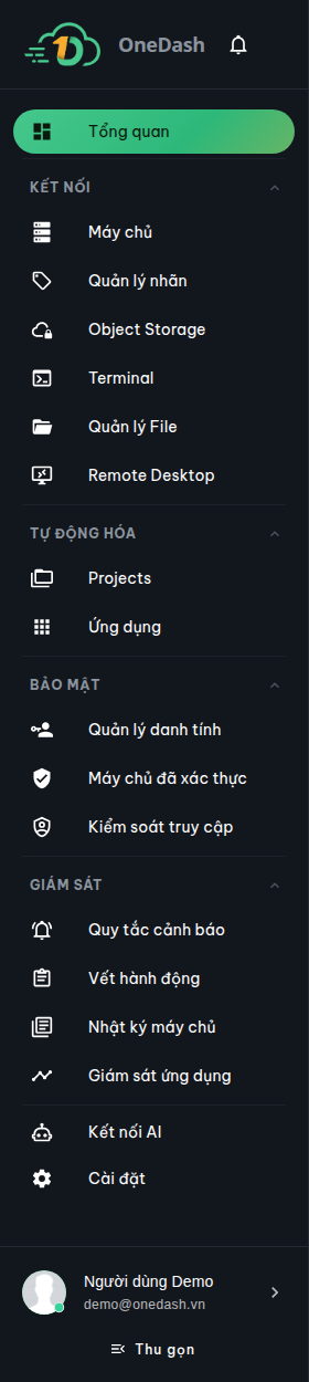 Thanh điều hướng bên trái với logo OneDash và chuông thông báo ở trên cùng, các nhóm mục KẾT NỐI / TỰ ĐỘNG HÓA / BẢO MẬT / GIÁM SÁT, khu vực Ghim, và ô tài khoản người dùng ở dưới cùng kèm nút Thu gọn
