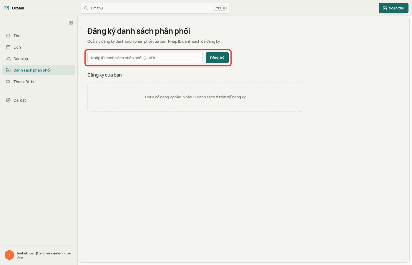 Ô Nhập ID danh sách phân phối (UUID) và nút Đăng ký được khoanh đỏ trên trang Đăng ký danh sách phân phối