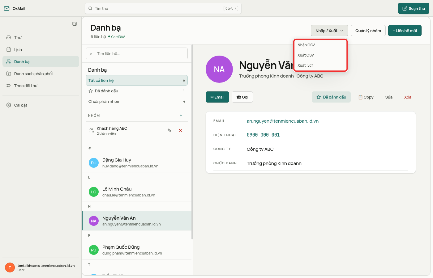 Menu Nhập / Xuất gồm Nhập CSV, Xuất CSV và Xuất .vcf