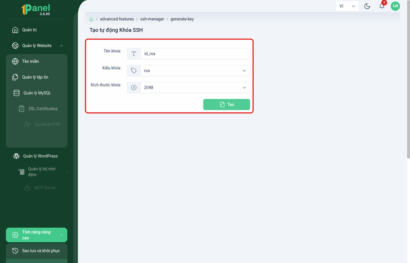 Form Tạo tự động Khóa SSH trên OnePanel, khoanh đỏ 3 trường tên khóa, kiểu khóa và kích thước khóa