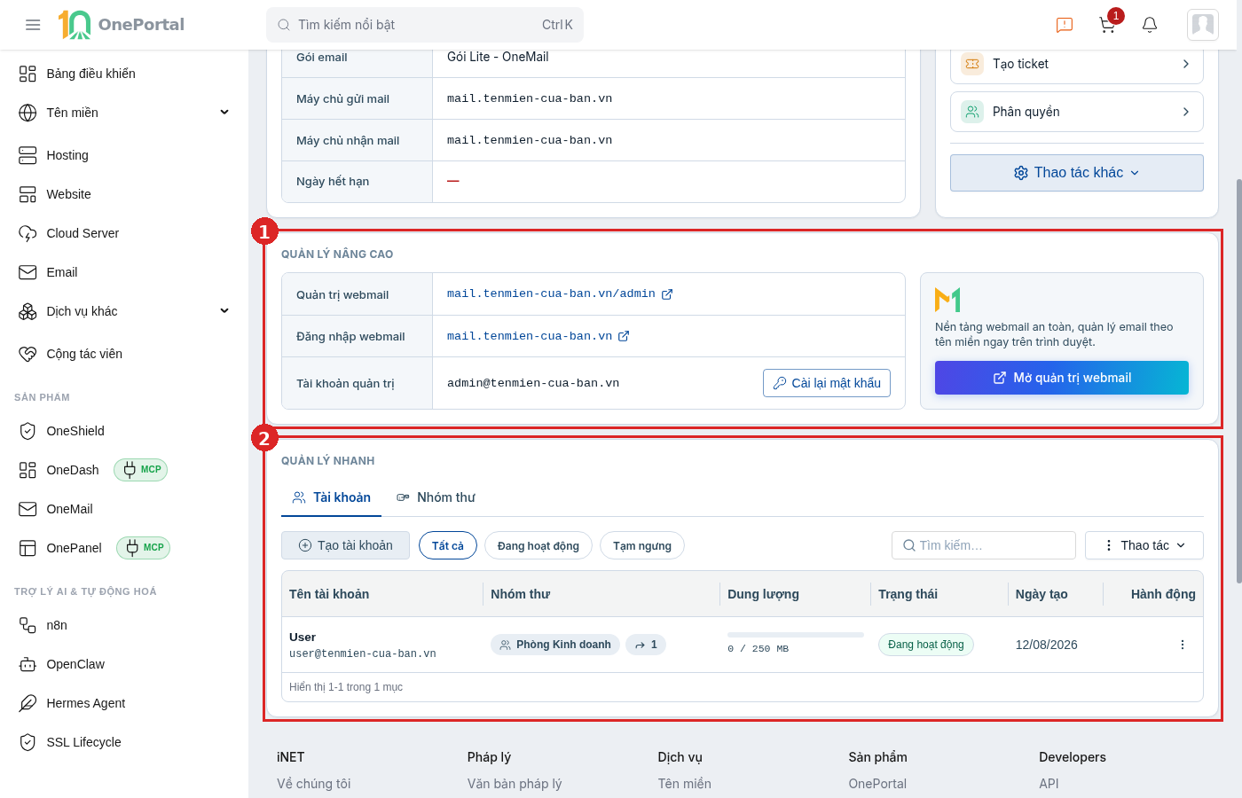 Cuối trang chi tiết email trên OnePortal, khoanh đỏ và đánh số hai vùng: vùng 1 là khối Quản lý nâng cao gồm Quản trị webmail, Đăng nhập webmail và Tài khoản quản trị kèm nút Cài lại mật khẩu; vùng 2 là khối Quản lý nhanh với thẻ Tài khoản đang mở