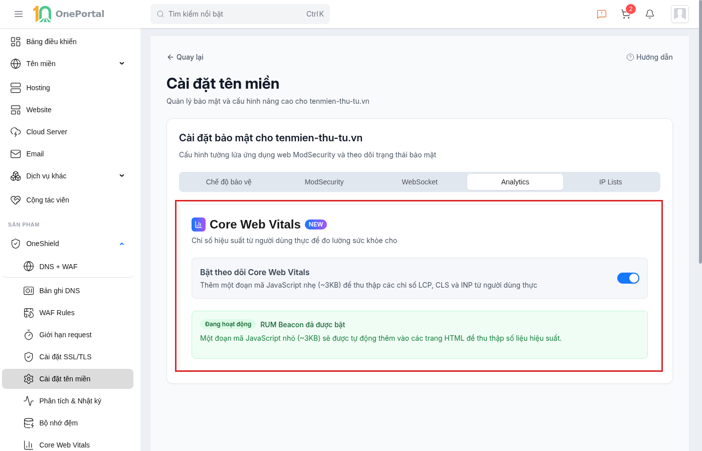 Thẻ Analytics trên OneShield, khoanh đỏ khối Core Web Vitals gồm công tắc Bật theo dõi Core Web Vitals đang bật và dòng xác nhận RUM Beacon đã được bật