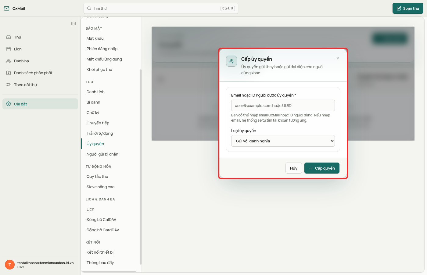 Hộp Cấp ủy quyền với ô Email hoặc ID người được ủy quyền, ô Loại ủy quyền và nút Cấp quyền