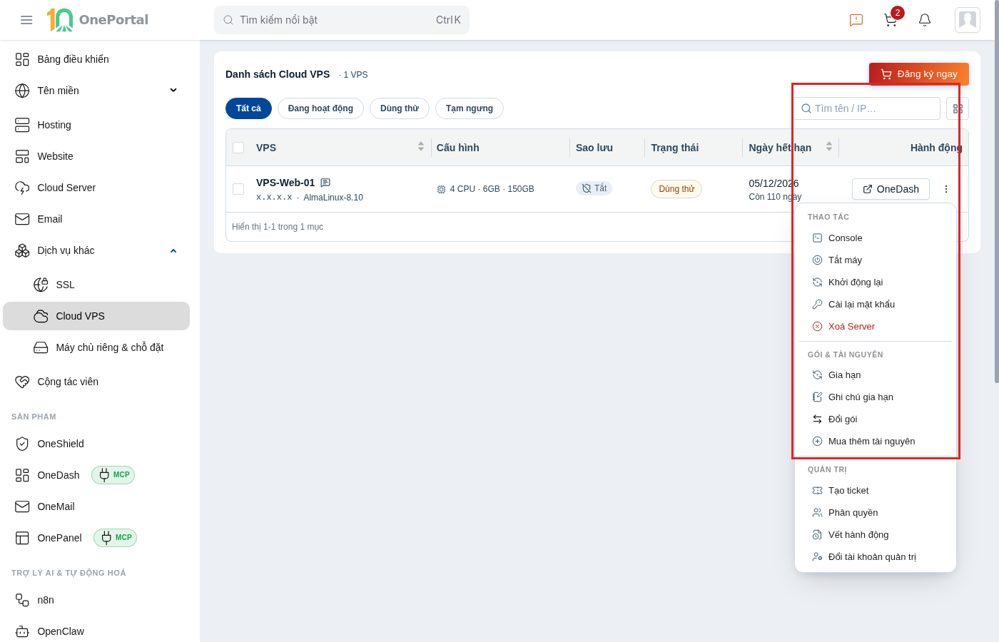 Menu hành động của một Cloud VPS trên OnePortal, khoanh đỏ toàn bộ menu gồm ba nhóm Thao tác, Gói & tài nguyên và Quản trị