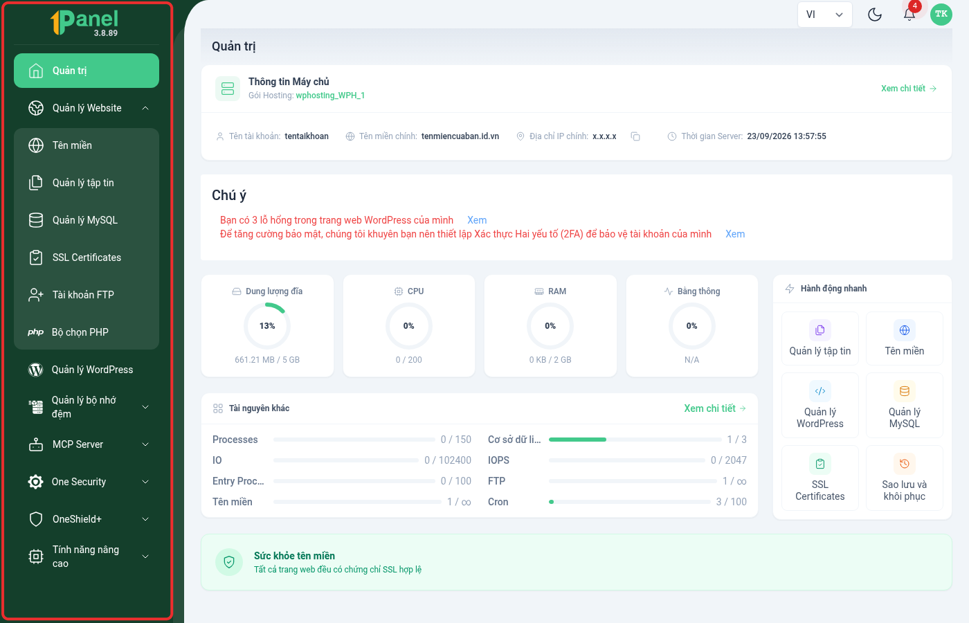Trang Quản trị OnePanel, khoanh đỏ toàn bộ sidebar điều hướng bên trái