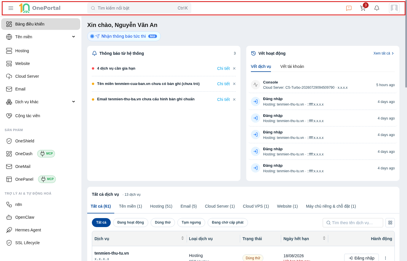 Màn hình OnePortal sau khi đăng nhập, khoanh đỏ thanh trên cùng gồm ô Tìm kiếm nổi bật kèm gợi ý Ctrl K, biểu tượng giỏ hàng kèm số lượng, chuông thông báo và ảnh đại diện