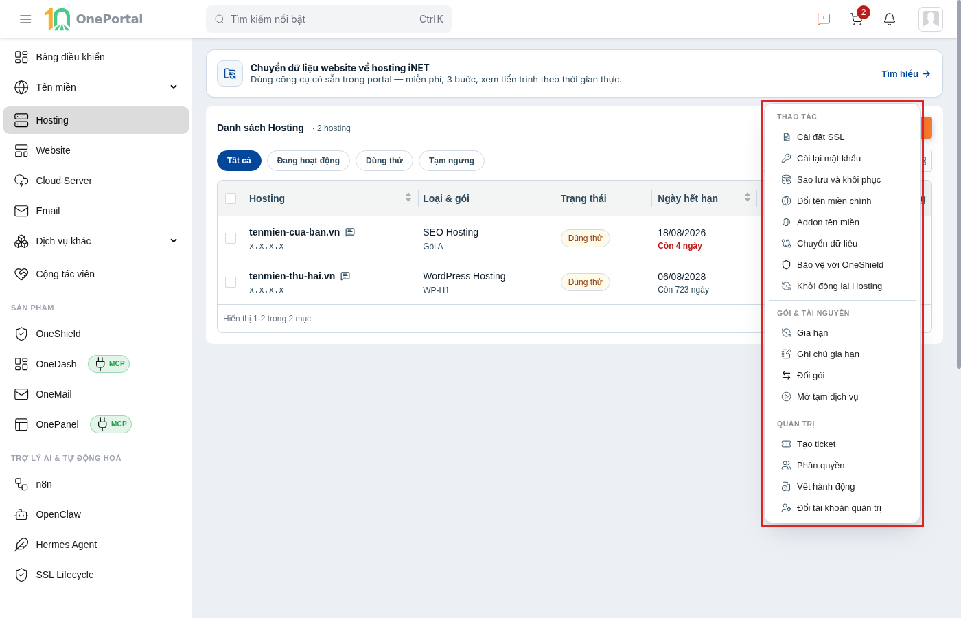 Menu hành động của một hosting trên OnePortal, khoanh đỏ toàn bộ menu gồm ba nhóm Thao tác, Gói & tài nguyên và Quản trị