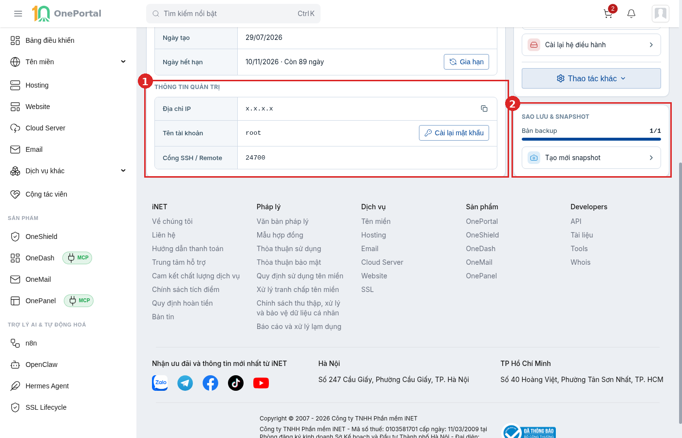 Phần dưới tab Instance, khoanh đỏ và đánh số hai vùng: vùng 1 là khối Thông tin quản trị, vùng 2 là khối Sao lưu & Snapshot