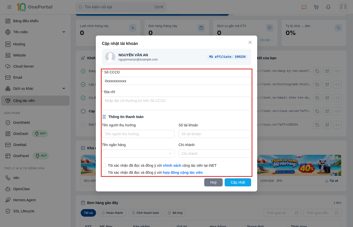 Hộp thoại Cập nhật tài khoản trên OnePortal, khoanh đỏ vùng nhập gồm ô Số CCCD, ô Địa chỉ, khối Thông tin thanh toán với các ô Tên người thụ hưởng, Số tài khoản, Tên ngân hàng, Chi nhánh và hai ô xác nhận đồng ý chính sách cùng hợp đồng cộng tác viên