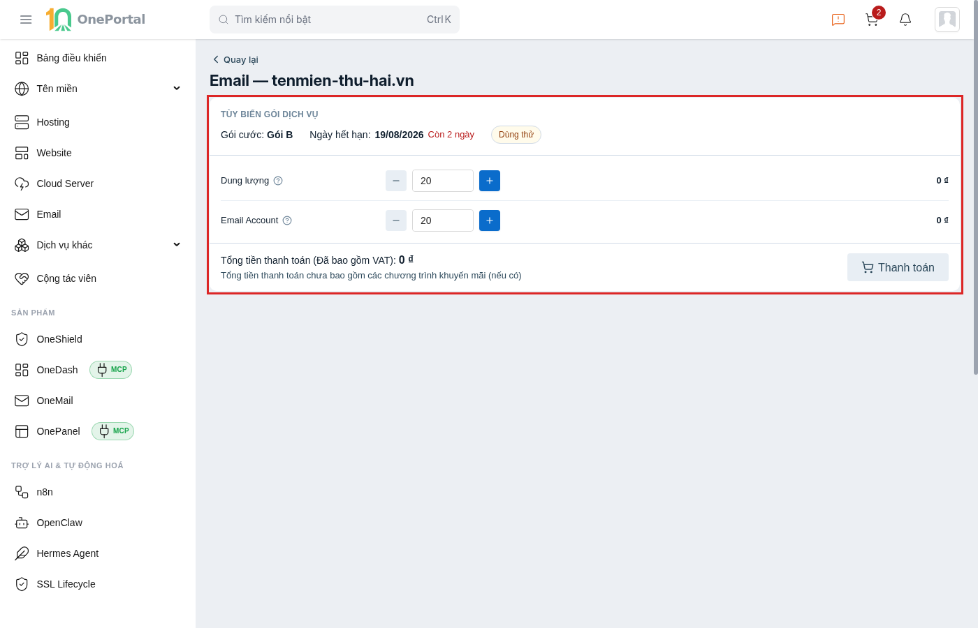 Trang Tùy biến gói dịch vụ trên OnePortal, khoanh đỏ khối gồm gói đang dùng, hai dòng Dung lượng và Email Account có nút tăng giảm kèm giá, tổng tiền thanh toán và nút Thanh toán