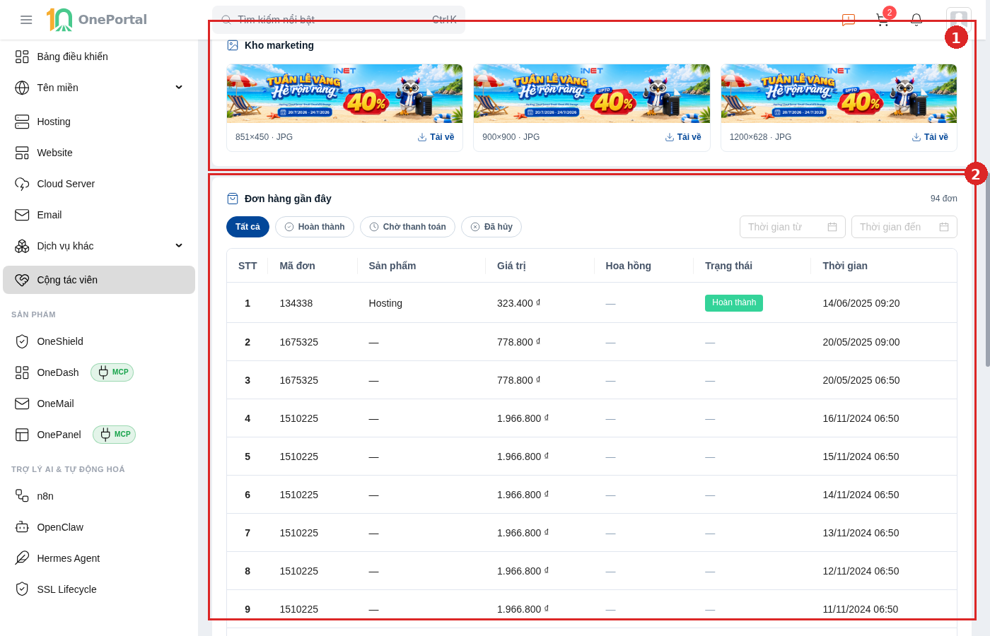 Phần cuối trang Cộng tác viên trên OnePortal, khoanh đỏ và đánh số hai vùng: vùng 1 là Kho marketing với ba banner kèm kích thước và nút Tải về; vùng 2 là bảng Đơn hàng gần đây với bốn thẻ lọc trạng thái, hai ô chọn khoảng thời gian và các cột STT, Mã đơn, Sản phẩm, Giá trị, Hoa hồng, Trạng thái, Thời gian