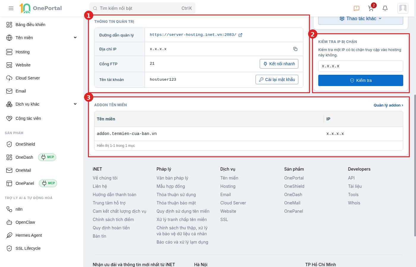 Phần dưới trang chi tiết hosting trên OnePortal, khoanh đỏ và đánh số ba vùng: vùng 1 là khối Thông tin quản trị, vùng 2 là khối Kiểm tra IP bị chặn, vùng 3 là khối Addon tên miền