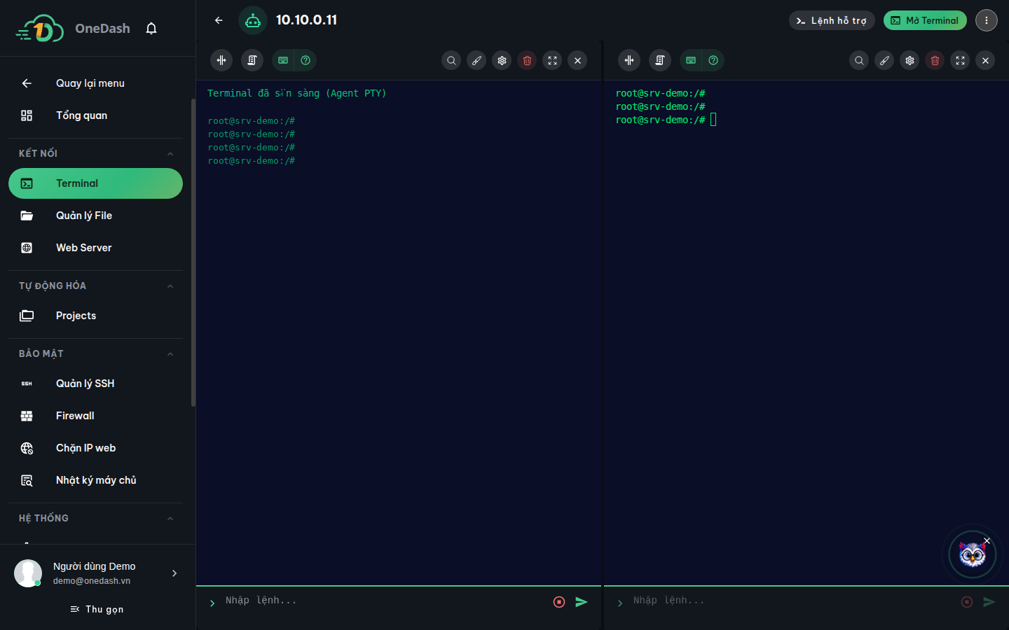 một tab Terminal đang chia màn hình thành nhiều cửa sổ dòng lệnh