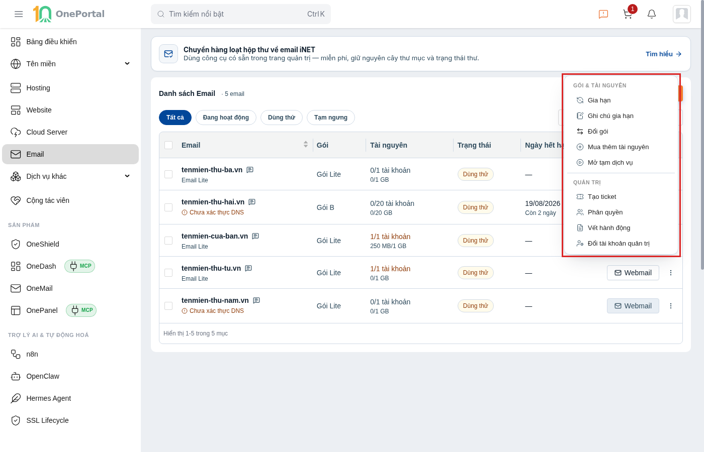 Menu hành động của một dịch vụ email trên OnePortal, khoanh đỏ toàn bộ menu gồm nhóm GÓI & TÀI NGUYÊN với Gia hạn, Ghi chú gia hạn, Đổi gói, Mua thêm tài nguyên, Mở tạm dịch vụ và nhóm QUẢN TRỊ với Tạo ticket, Phân quyền, Vết hành động, Đổi tài khoản quản trị