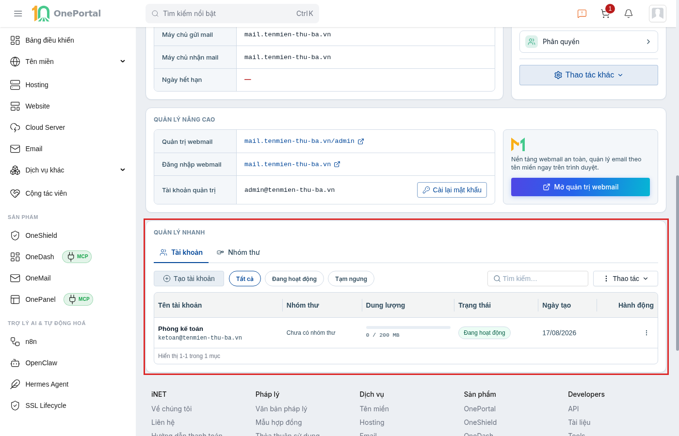 Thẻ Tài khoản trong khối Quản lý nhanh trên OnePortal, khoanh đỏ bảng có hộp thư vừa tạo cùng các cột Tên tài khoản, Nhóm thư, Dung lượng, Trạng thái, Ngày tạo và Hành động