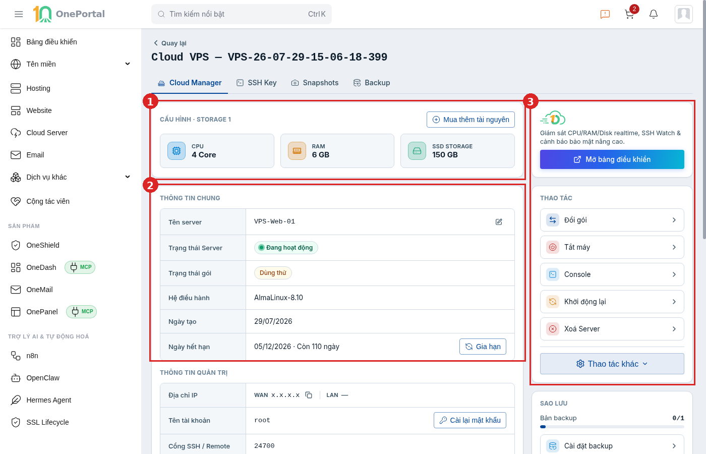 Phần trên tab Cloud Manager của Cloud VPS, khoanh đỏ và đánh số ba vùng: vùng 1 là khối Cấu hình, vùng 2 là khối Thông tin chung, vùng 3 là cột bên phải gồm thẻ OneDash và khối Thao tác