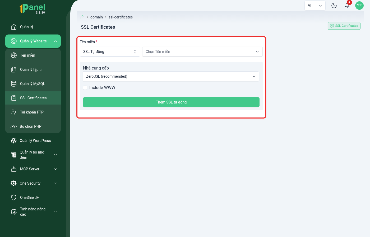 Form thêm chứng chỉ SSL trên OnePanel, khoanh đỏ toàn bộ form