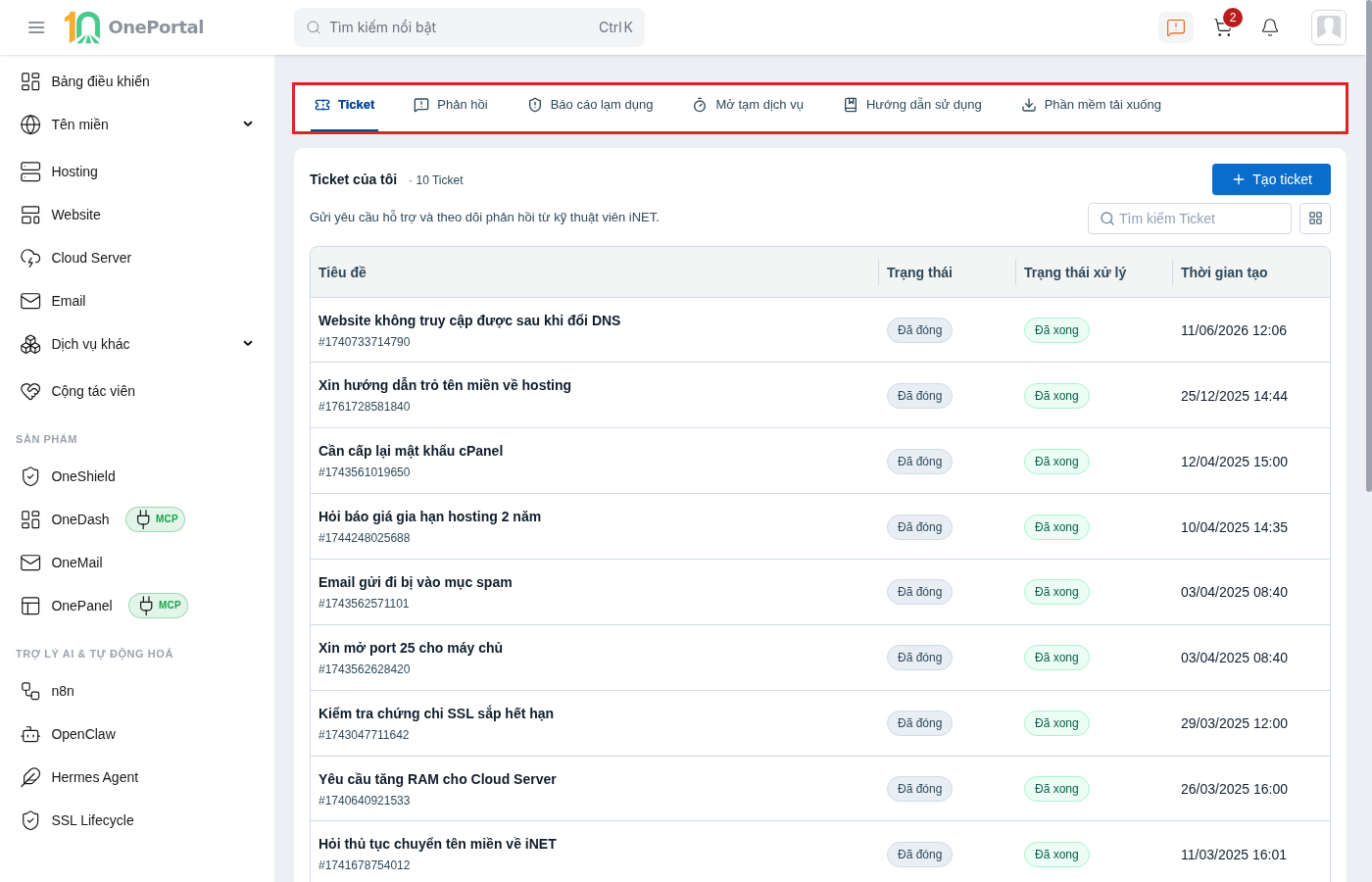 Khu vực Hỗ trợ trên OnePortal, khoanh đỏ thanh tab gồm sáu tab Ticket, Phản hồi, Báo cáo lạm dụng, Mở tạm dịch vụ, Hướng dẫn sử dụng và Phần mềm tải xuống
