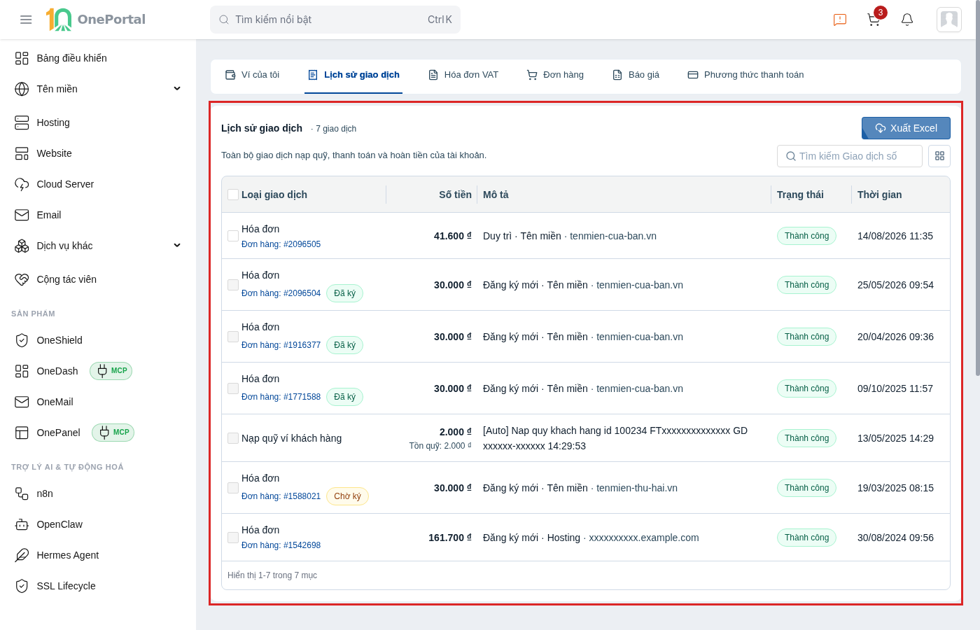 Tab Lịch sử giao dịch trên OnePortal, khoanh đỏ toàn khối gồm hàng tiêu đề với tổng số giao dịch, ô tìm kiếm, nút đổi kiểu xem và nút Xuất Excel, cùng bảng bảy giao dịch với ô tích chọn đầu dòng và các cột Loại giao dịch kèm mã đơn hàng và nhãn hóa đơn, Số tiền kèm dòng Tồn quỹ, Mô tả, Trạng thái, Thời gian