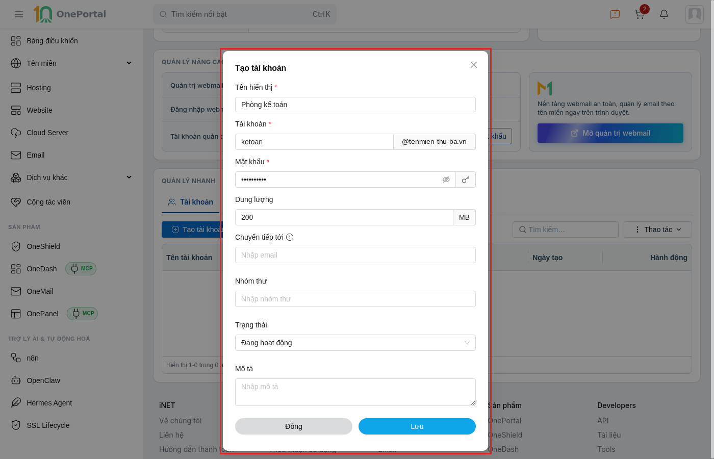 Hộp thoại Tạo tài khoản trên OnePortal, khoanh đỏ toàn bộ hộp thoại gồm Tên hiển thị, Tài khoản kèm hậu tố tên miền, Mật khẩu, Dung lượng theo MB, Chuyển tiếp tới, Nhóm thư, Trạng thái và Mô tả