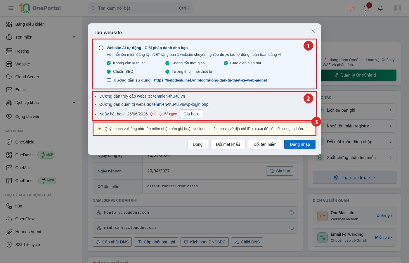 Hộp thoại Tạo website của tên miền đã có website, khoanh đỏ và đánh số ba vùng: vùng 1 là khối giới thiệu Website AI tự động kèm liên kết hướng dẫn sử dụng; vùng 2 là ba dòng đường dẫn truy cập website, đường dẫn quản trị website và ngày hết hạn kèm nút Gia hạn; vùng 3 là băng nhắc chờ tên miền nhận bản ghi hoặc set file hosts