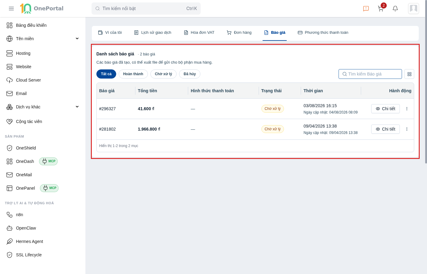 Tab Báo giá trên OnePortal, khoanh đỏ toàn khối gồm hàng tiêu đề Danh sách báo giá, bộ lọc Tất cả, Hoàn thành, Chờ xử lý, Đã hủy, ô tìm kiếm và bảng các cột Báo giá, Tổng tiền, Hình thức thanh toán, Trạng thái, Thời gian kèm ngày cập nhật, Hành động với nút Chi tiết và biểu tượng ba chấm