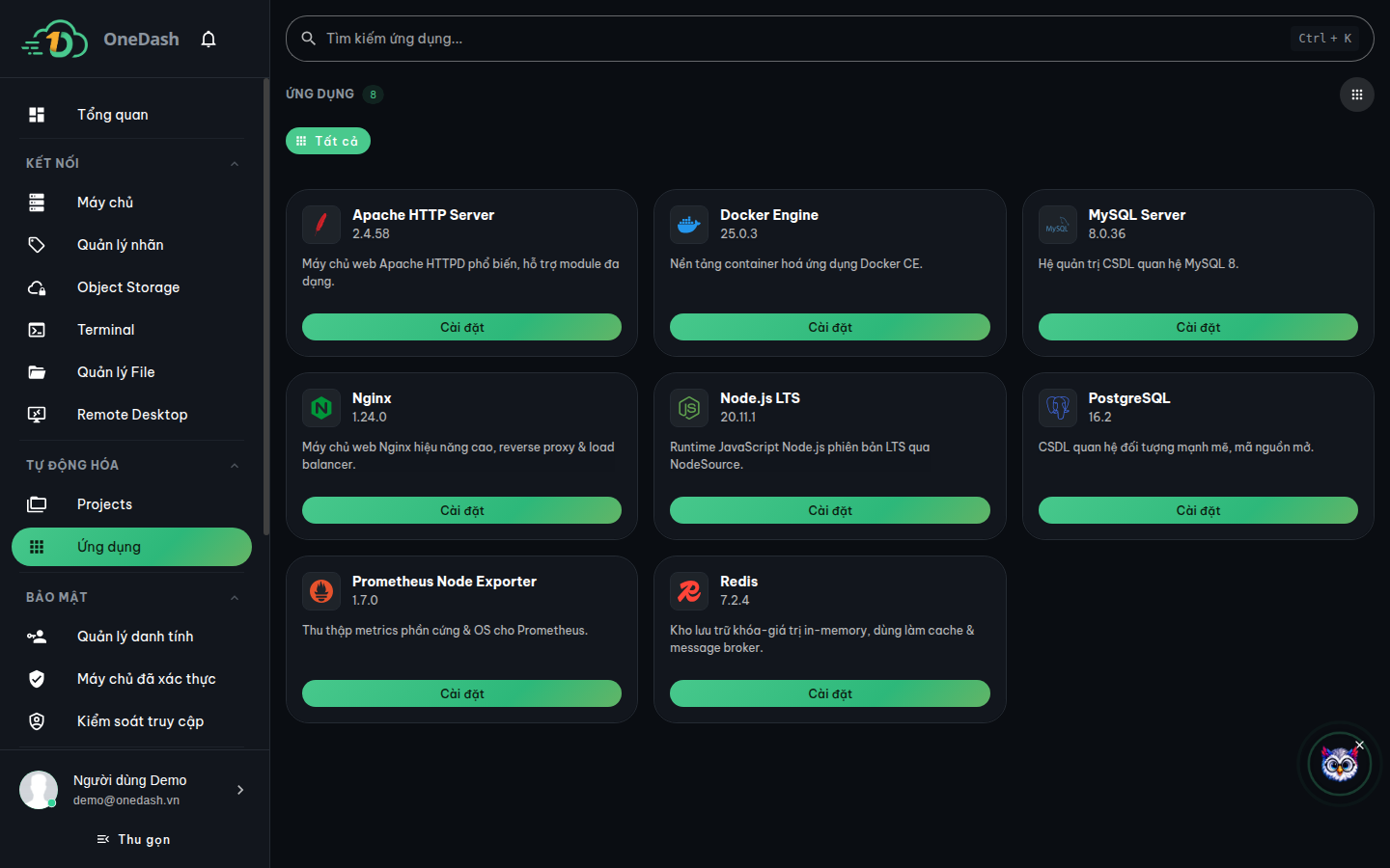 Thư viện ứng dụng mẫu với ô tìm kiếm, thẻ danh mục và danh sách ứng dụng (Nginx, MySQL, Node.js, Docker…)