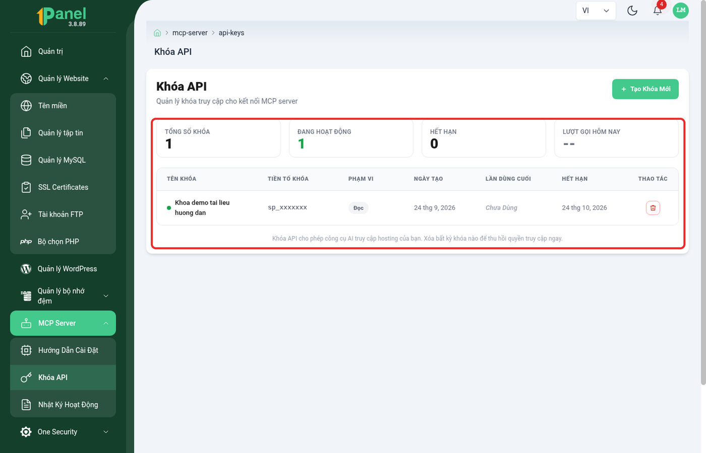 Bảng Khóa API trên OnePanel sau khi tạo, khoanh đỏ 4 thẻ số liệu và dòng khóa vừa tạo trong bảng
