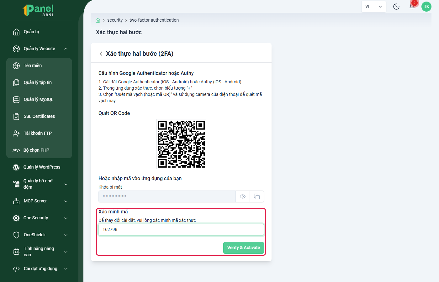Mục Xác minh mã đã điền mã 6 số, khoanh ô Mã xác minh và nút Verify & Activate