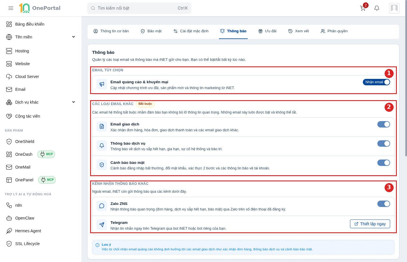 Tab Thông báo trong Thông tin tài khoản, khoanh đỏ và đánh số ba vùng: vùng 1 là nhóm Email tùy chọn với dòng Email quảng cáo và khuyến mại kèm công tắc Nhận email; vùng 2 là nhóm Các loại email khác có nhãn Bắt buộc gồm Email giao dịch, Thông báo dịch vụ, Cảnh báo bảo mật; vùng 3 là nhóm Kênh nhận thông báo khác gồm Zalo ZNS kèm công tắc và Telegram kèm nút Thiết lập ngay