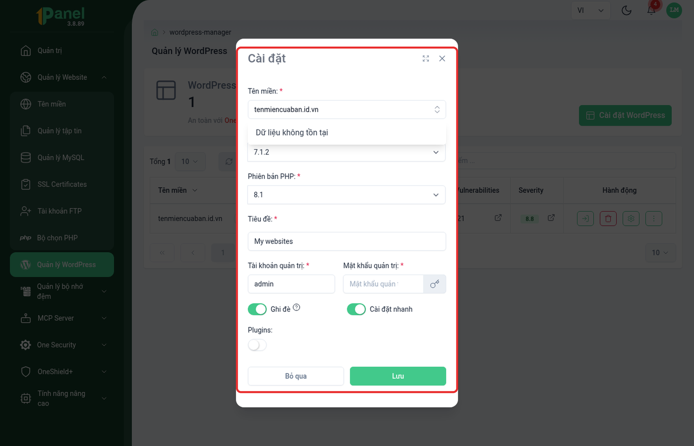 Form Cài đặt WordPress trên OnePanel, khoanh đỏ toàn bộ form gồm tên miền, phiên bản, tiêu đề, tài khoản quản trị và các công tắc