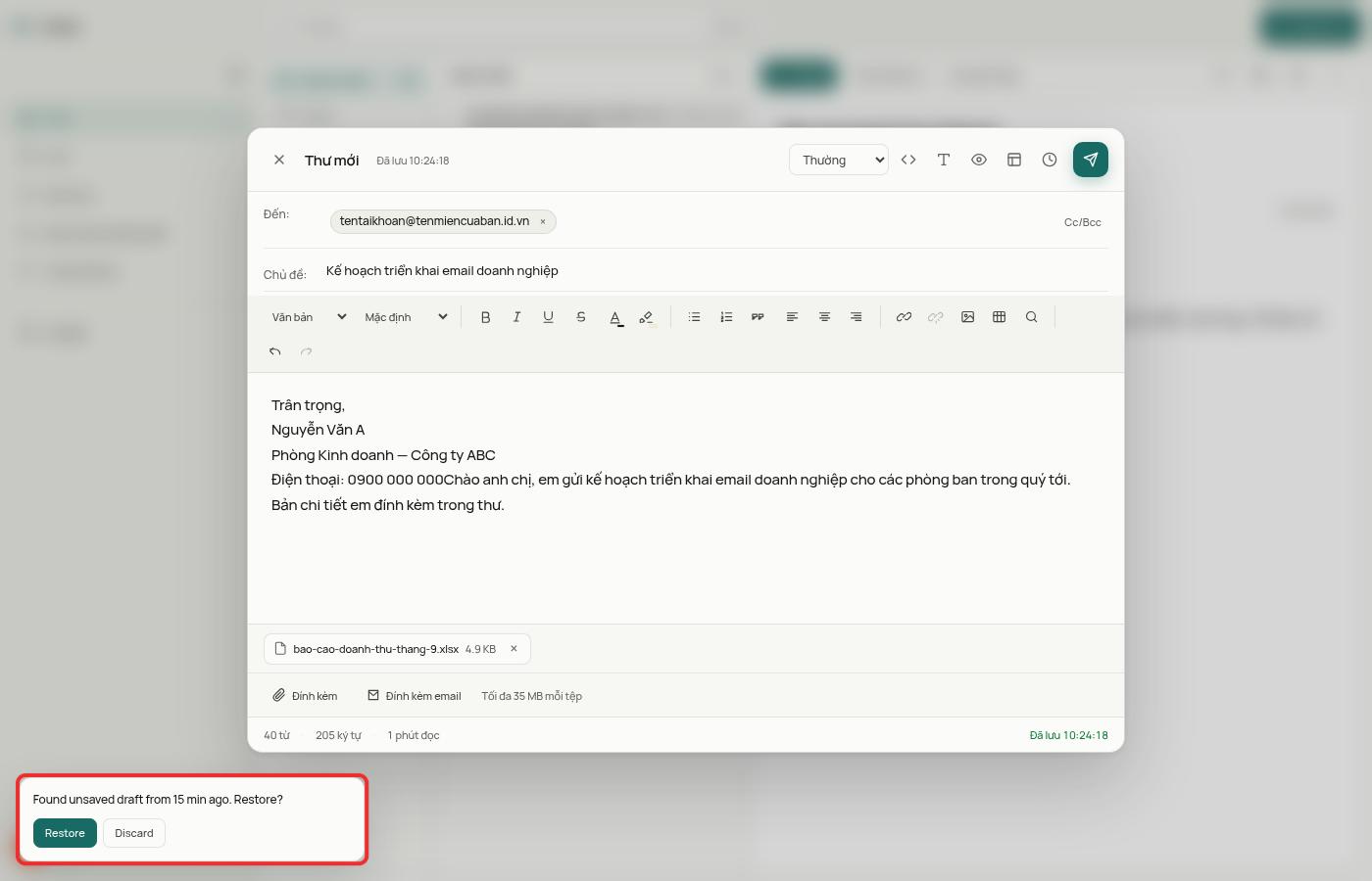 Thông báo tiếng Anh Found unsaved draft với hai nút Restore và Discard ở góc dưới bên trái được khoanh đỏ
