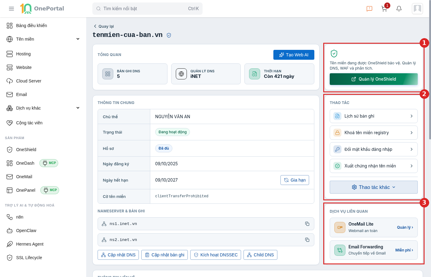 Trang chi tiết tên miền trên OnePortal, khoanh đỏ và đánh số ba vùng ở cột bên phải: vùng 1 là thẻ OneShield, vùng 2 là khối Thao tác, vùng 3 là khối Dịch vụ liên quan