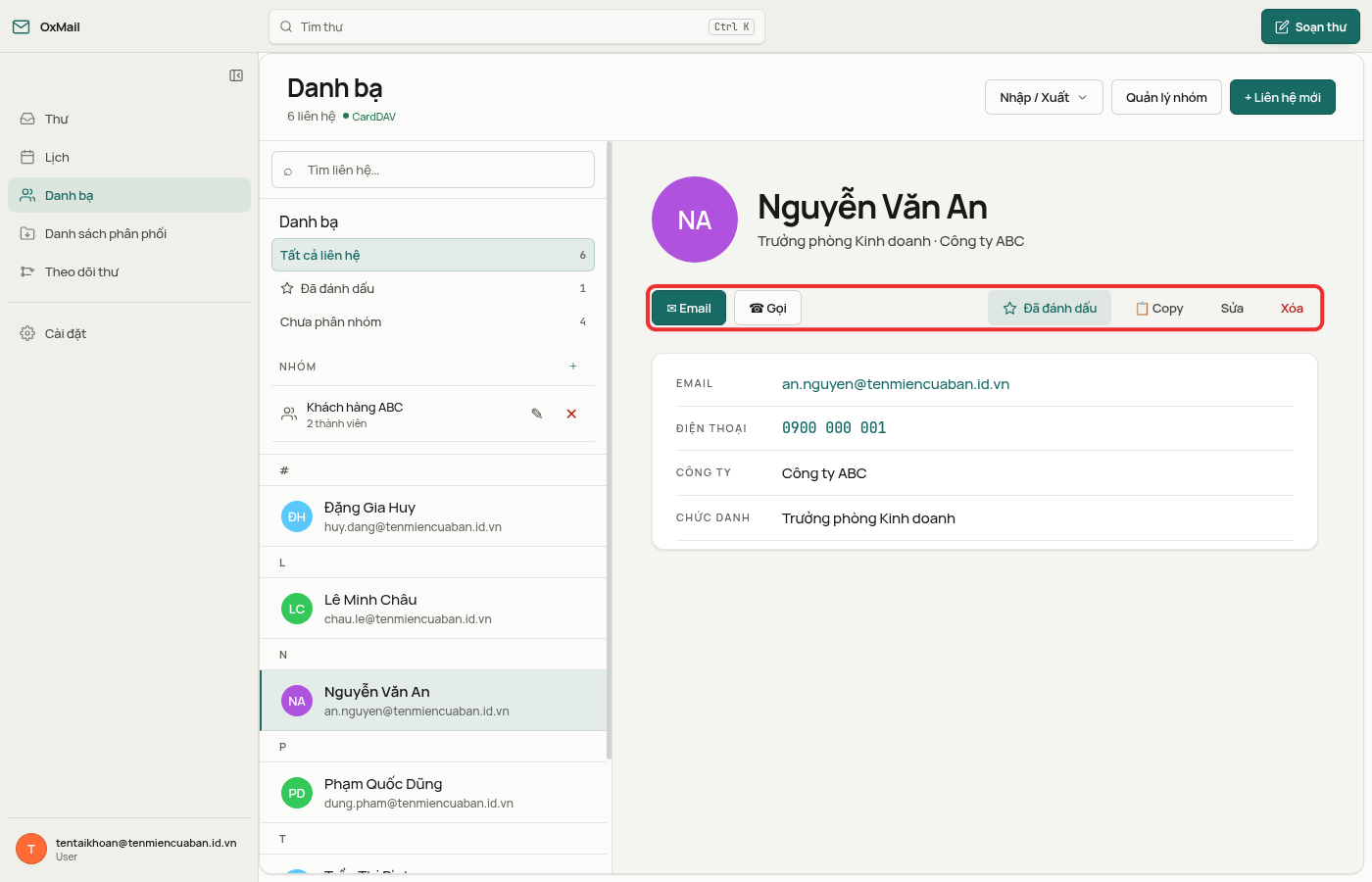 Hàng nút ✉ Email, ☎ Gọi, Đã đánh dấu, Copy, Sửa, Xóa trong khung chi tiết liên hệ