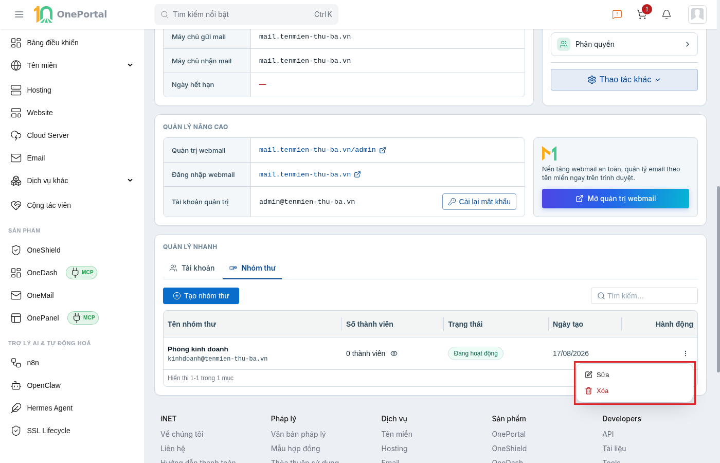 Menu hành động trên một dòng nhóm thư của OnePortal, khoanh đỏ menu gồm hai mục Sửa và Xóa