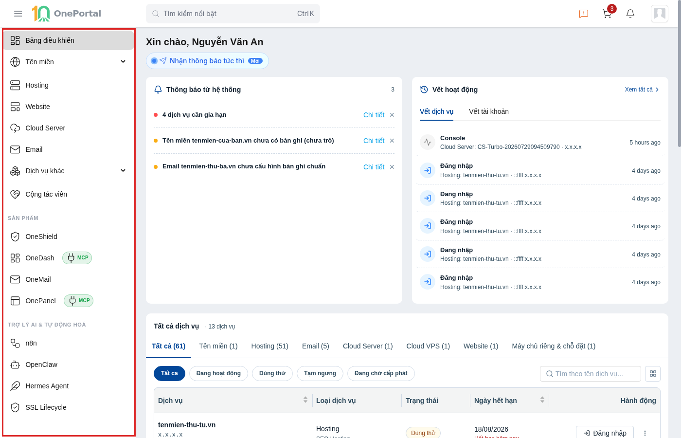 Màn hình OnePortal, khoanh đỏ thanh điều hướng bên trái: nhóm dịch vụ ở trên không có dòng tiêu đề, dưới là hai nhóm SẢN PHẨM và TRỢ LÝ AI & TỰ ĐỘNG HOÁ