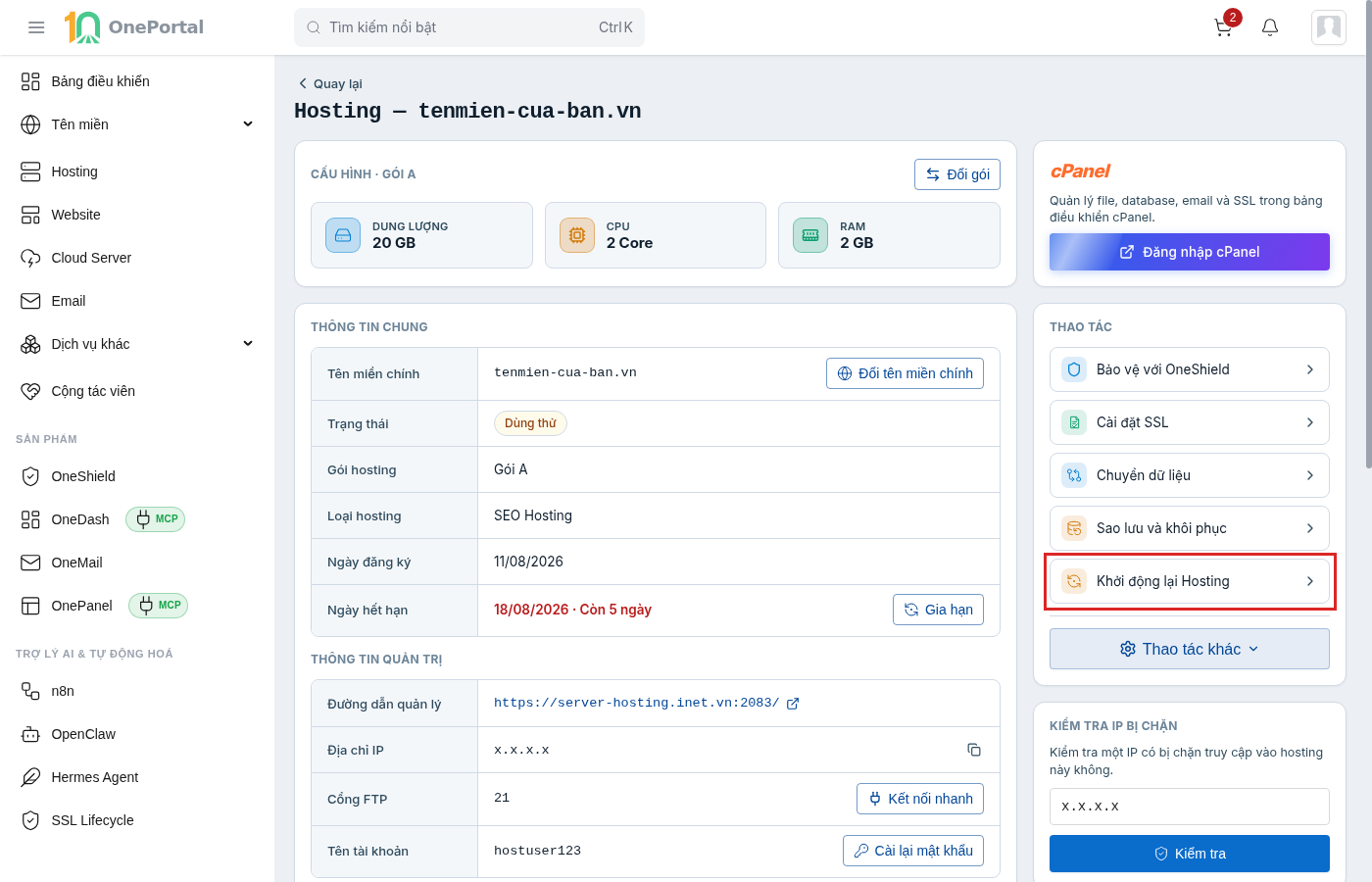 Trang chi tiết hosting, khối Thao tác ở cột bên phải gồm Bảo vệ với OneShield, Cài đặt SSL, Chuyển dữ liệu, Sao lưu và khôi phục, Khởi động lại Hosting; mục Khởi động lại Hosting được khoanh đỏ