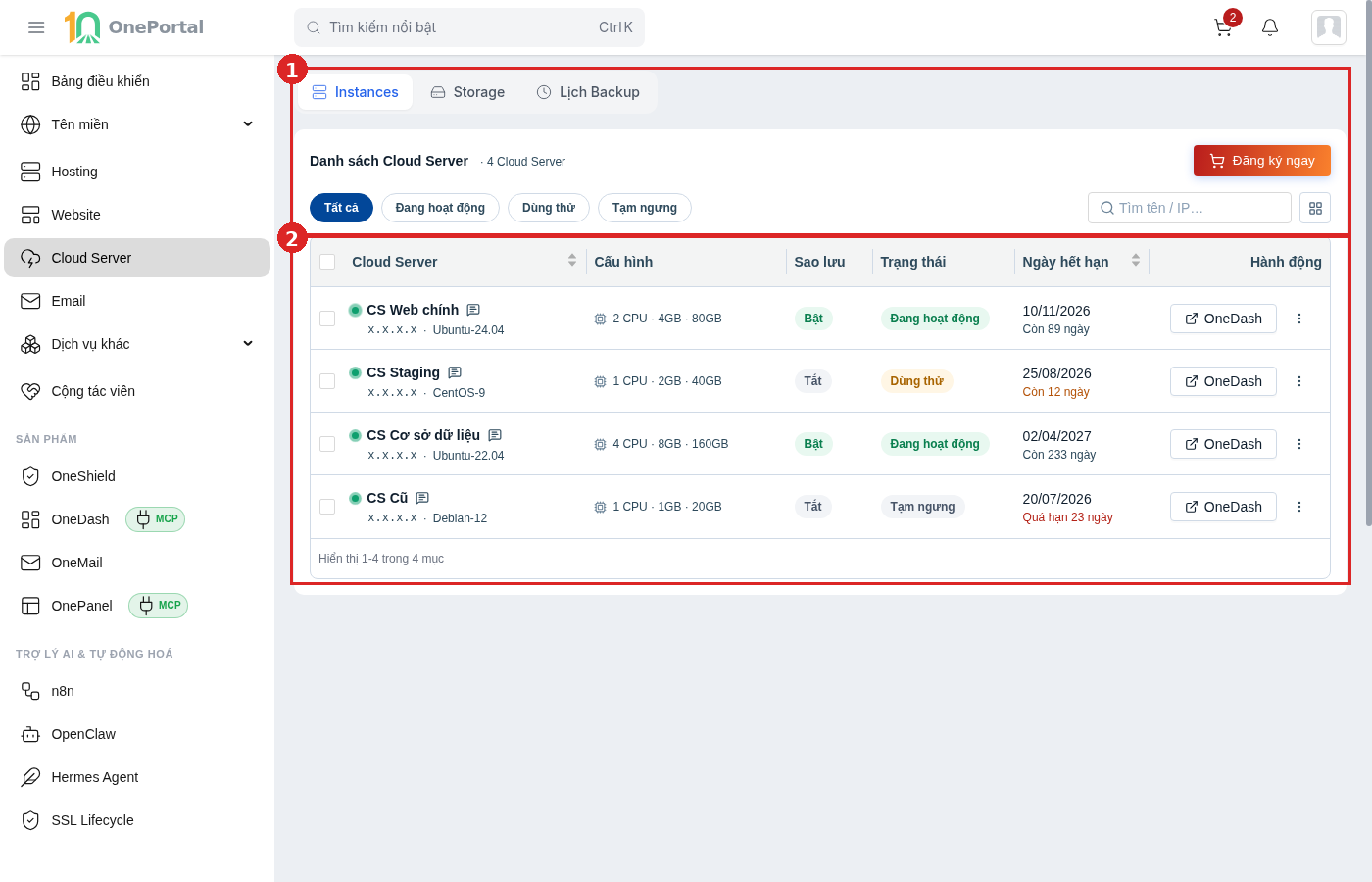 Thẻ Instances của Cloud Server trên OnePortal, khoanh đỏ và đánh số hai vùng: vùng 1 là phần trên gồm ba thẻ Instances, Storage, Lịch Backup, hàng tiêu đề và hàng bộ lọc; vùng 2 là bảng danh sách máy chủ