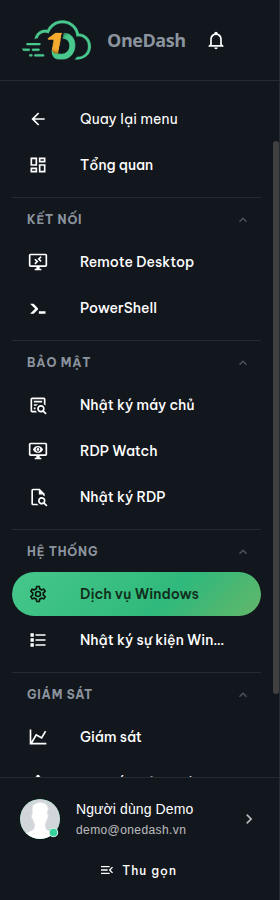 Thanh tab trong trang Chi tiết máy chủ Windows với các mục Dịch vụ Windows, Nhật ký sự kiện Windows, RDP Watch, Nhật ký RDP