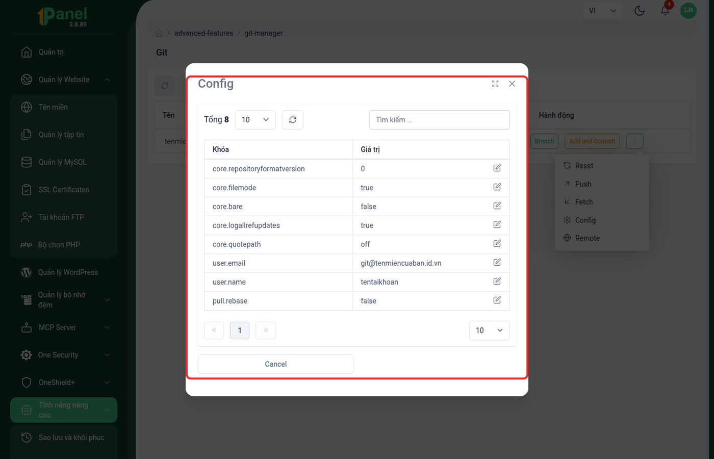 Bảng Config Git trên OnePanel, khoanh đỏ toàn bộ bảng khóa/giá trị cấu hình