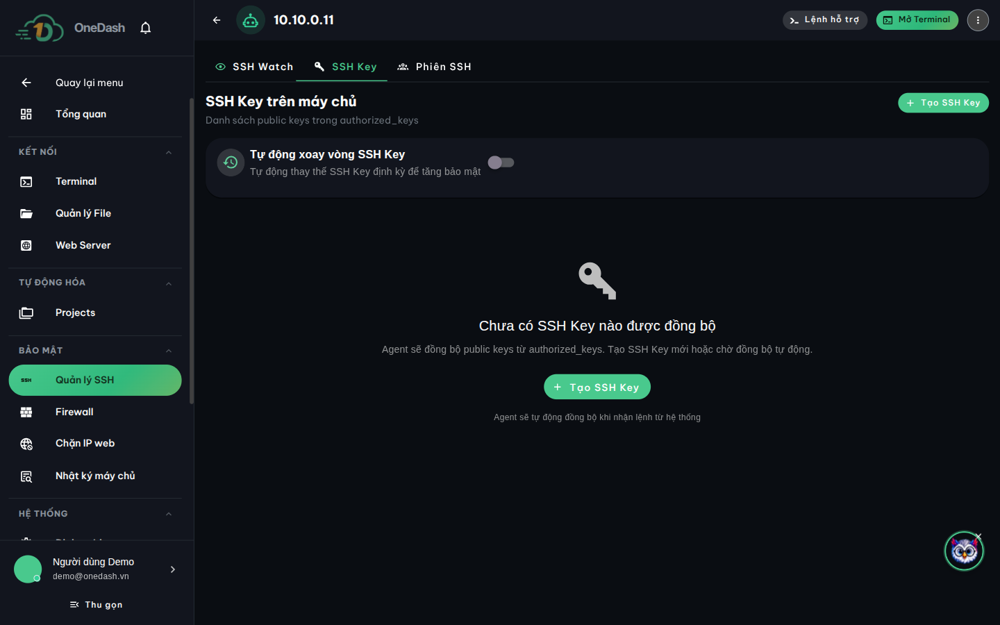Tab SSH Key trên máy chủ: công tắc Tự động xoay vòng SSH Key và nút Tạo SSH Key