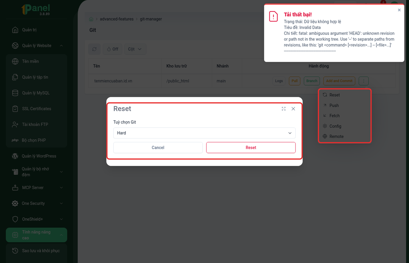 Menu mở rộng và hộp thoại Reset trên OnePanel, khoanh đỏ danh sách Reset/Push/Fetch/Config/Remote và form chọn chế độ reset