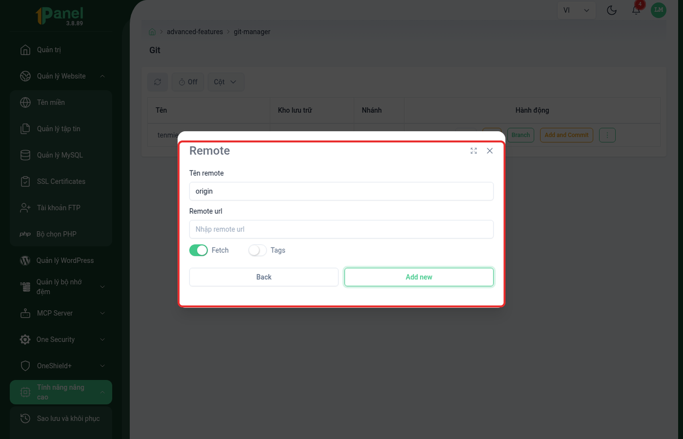 Hộp thoại Add new remote trên OnePanel, khoanh đỏ toàn bộ form gồm tên remote, remote url và 2 công tắc Fetch/Tags
