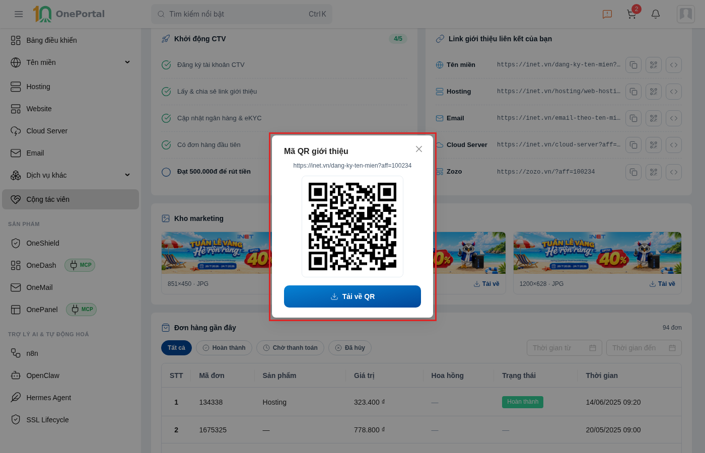 Cửa sổ Mã QR giới thiệu trên OnePortal, khoanh đỏ toàn bộ cửa sổ gồm đường link giới thiệu, ảnh mã QR và nút Tải về QR