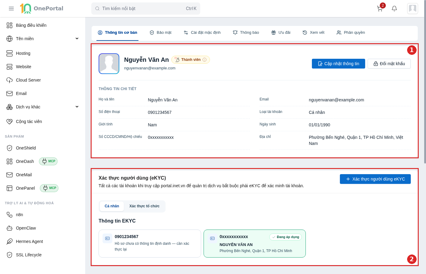 Tab Thông tin cơ bản trên OnePortal, khoanh đỏ và đánh số hai vùng: vùng 1 là thẻ hồ sơ gồm ảnh đại diện, tên, nhãn hạng thành viên, email, hai nút Cập nhật thông tin và Đổi mật khẩu, cùng khối Thông tin chi tiết bên dưới; vùng 2 là khối Xác thực người dùng eKYC với nút Xác thực người dùng eKYC, hai mục Cá nhân và Xác thực tổ chức, và các thẻ hồ sơ định danh