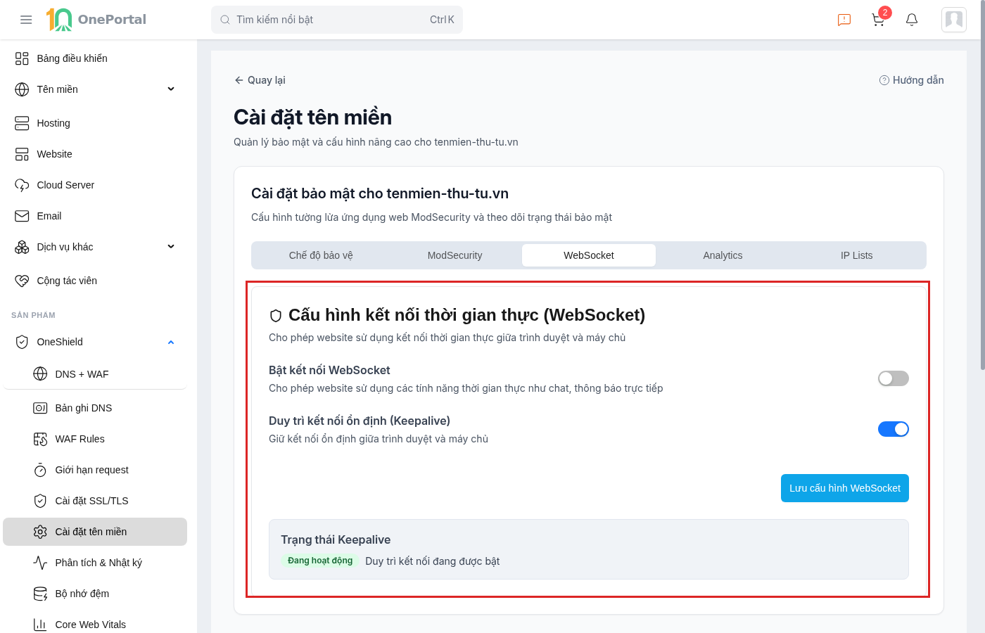 Thẻ WebSocket trên OneShield, khoanh đỏ cả khối gồm công tắc Bật kết nối WebSocket, công tắc Duy trì kết nối ổn định và ô Trạng thái Keepalive đang hoạt động
